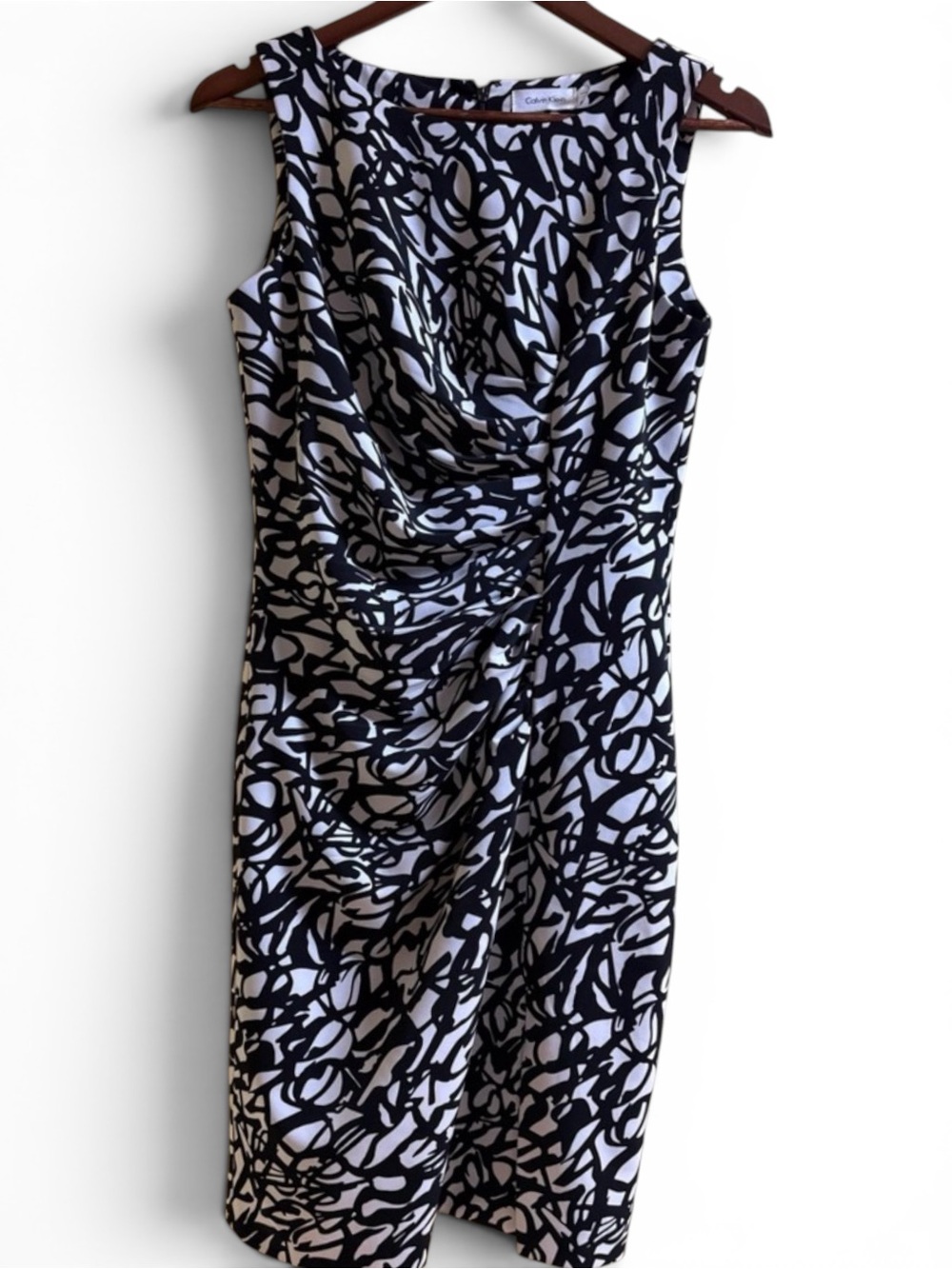 Calvin Klein Black White Abstract Ruched Midi Dress Size 4 Pre-Loved